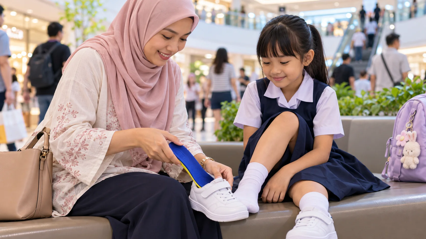 A hand fitting LOCAFI MINI into the cut-to-fit insole, and a family walking through a busy shopping mall