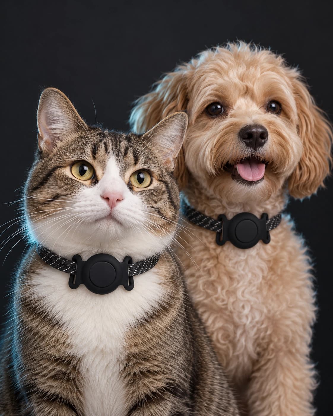 A cat and a dog each wearing a collar holder carrying LOCAFI MINI